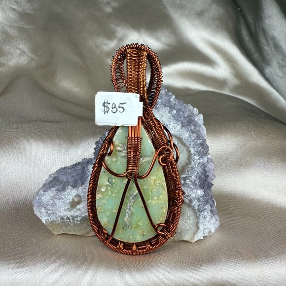 Handmade Copper Wire Wrapped Green Chrysoprase Teardrop Pendant Necklace Jewelry - Picture 3 of 4